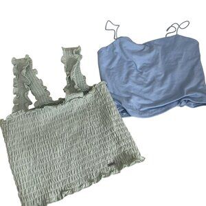 Hollister Womens Smocked Ruffle Strap Top & Blue Spaghetti Strap Crop Top Bundle